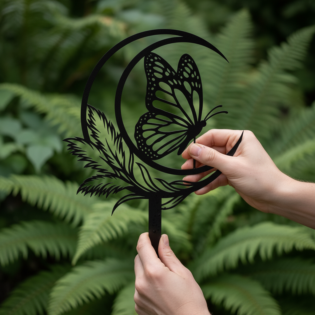 Butterfly with crescent moon and feather garden stake in black steel – image 9