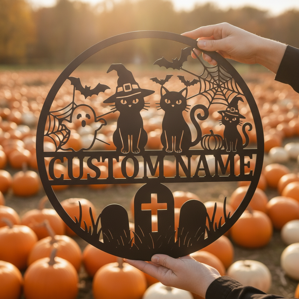 Personalisiertes Halloween Katzenschild mit Namen aus schwarzem Stahl – Bild 10