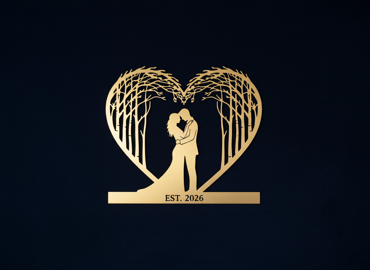 Personalized couple tree metal sign with heart, names and year in black steel