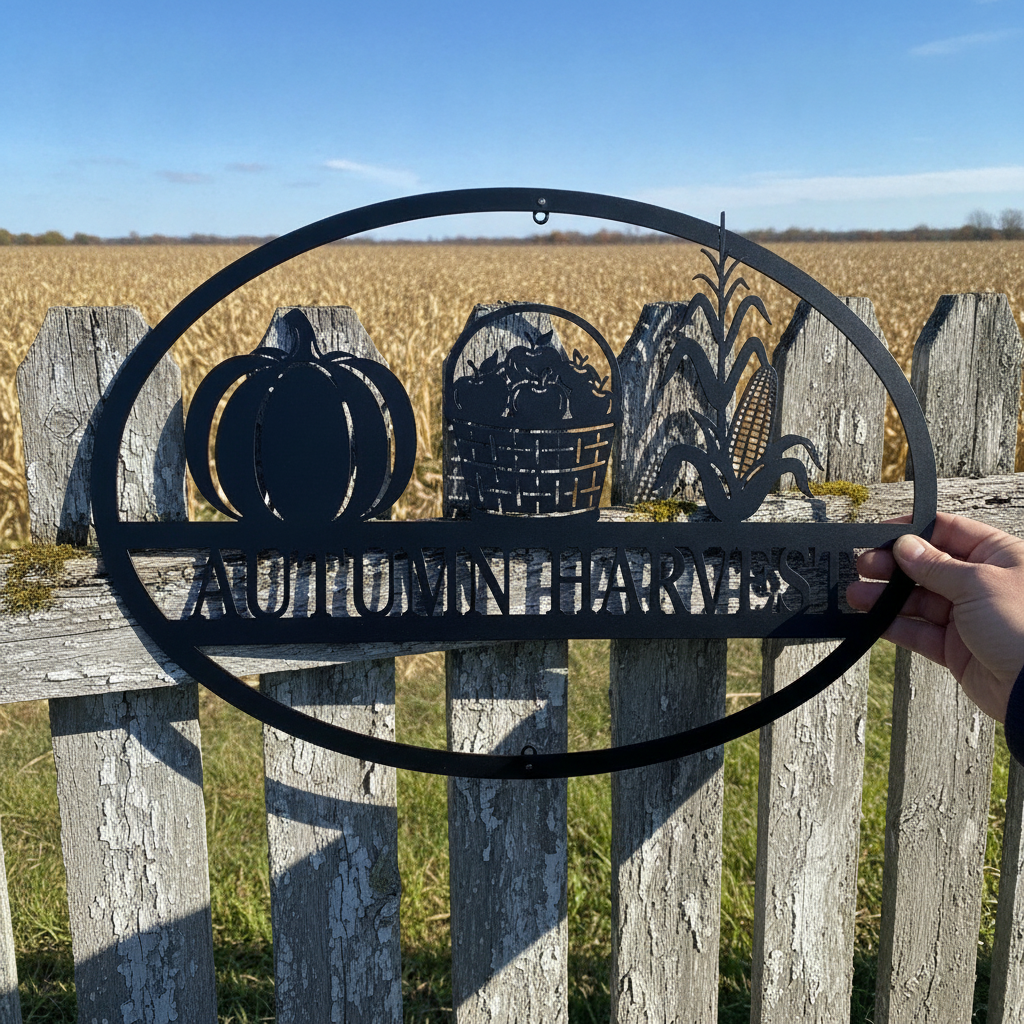 Oval Autumn Harvest metal sign with pumpkins and fall leaves in black steel – image 6