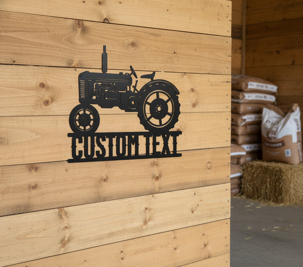 Personalized vintage tractor metal sign with farm name in black steel – image 3