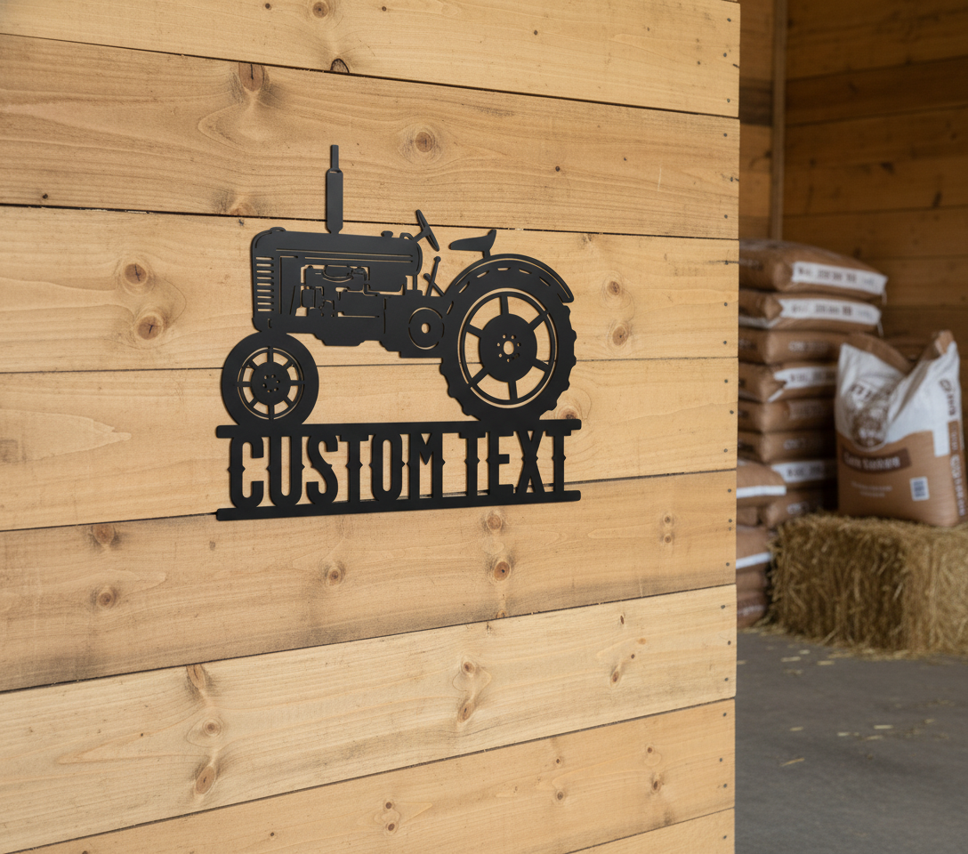 Personalized vintage tractor metal sign with farm name in black steel – image 3