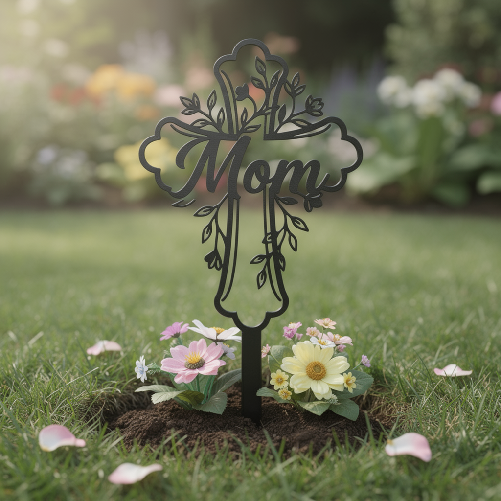 Gedenkstecker Mom mit Blumenkreuz als Grabschmuck aus schwarzem Stahl