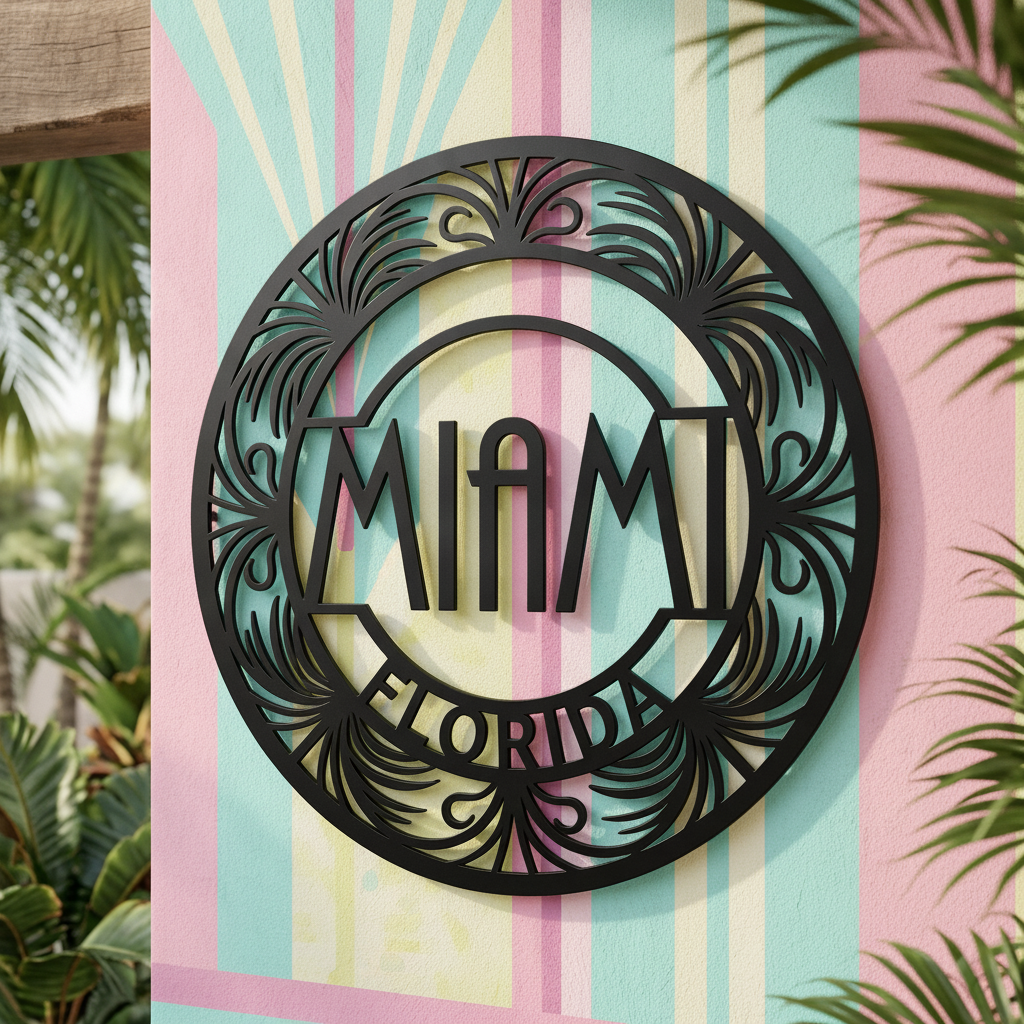 Round Miami metal sign with Art Deco buildings and palm trees in black steel – image 7