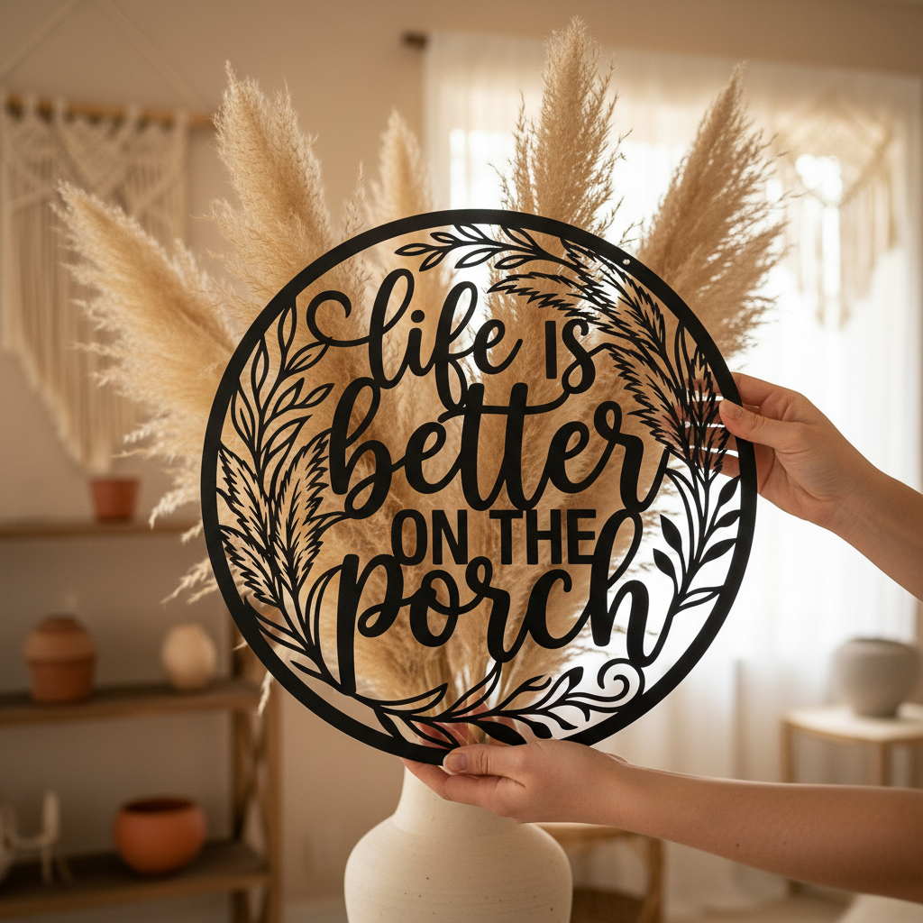 Rundes Boho Metallschild mit Pampasgras und Spruch aus schwarzem Stahl – Bild 5