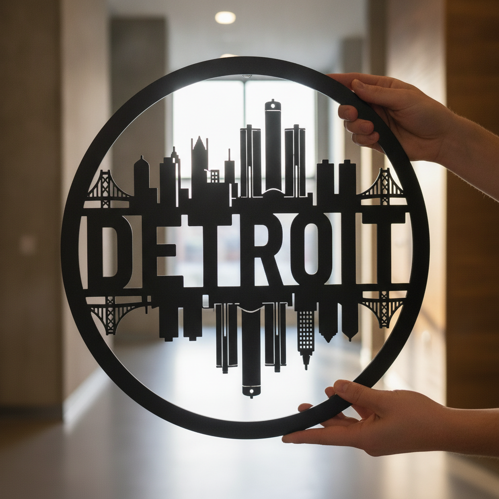 Round Detroit skyline metal wall art in black steel