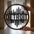 Round Detroit skyline metal wall art in black steel