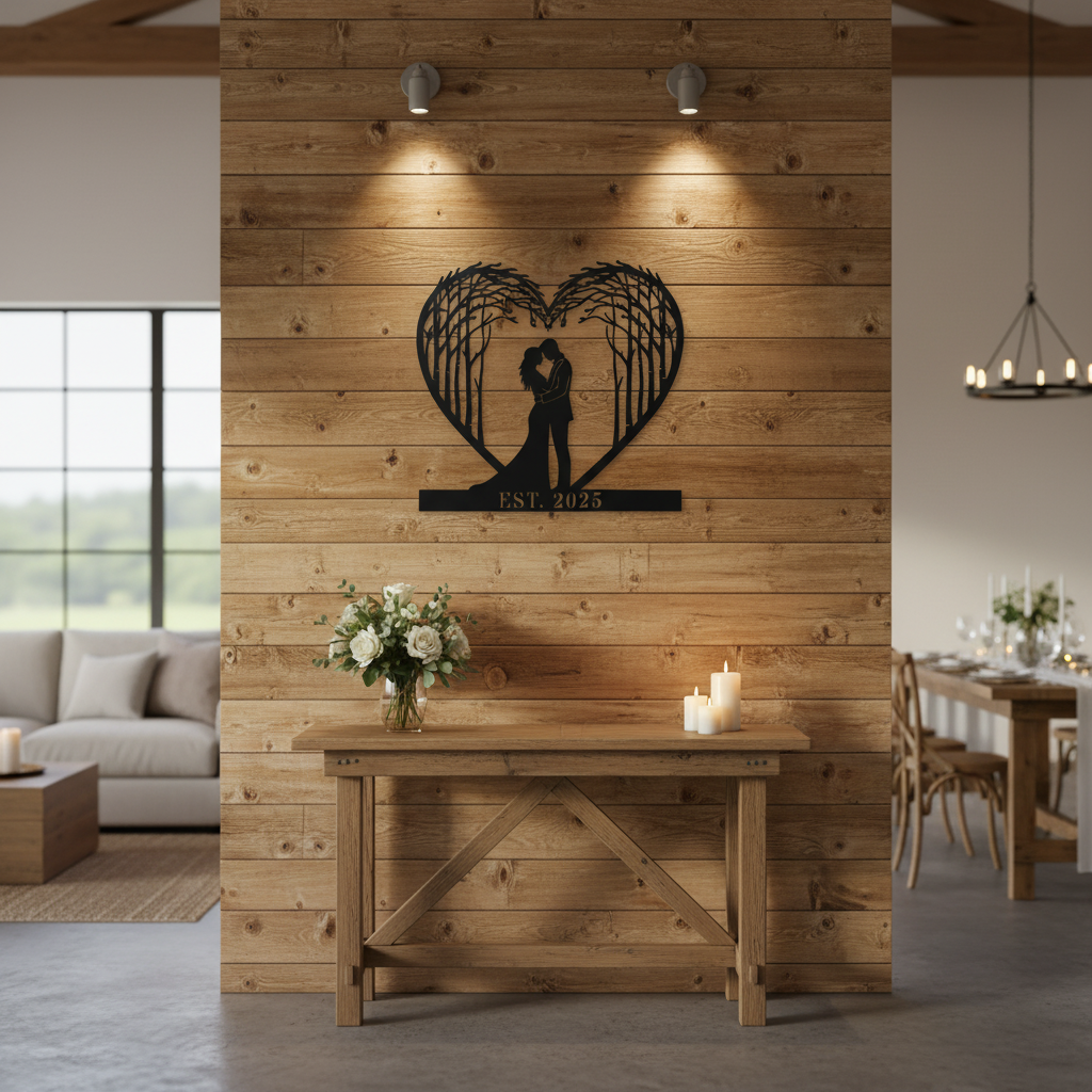 Personalized couple tree metal sign with heart, names and year in black steel – image 9