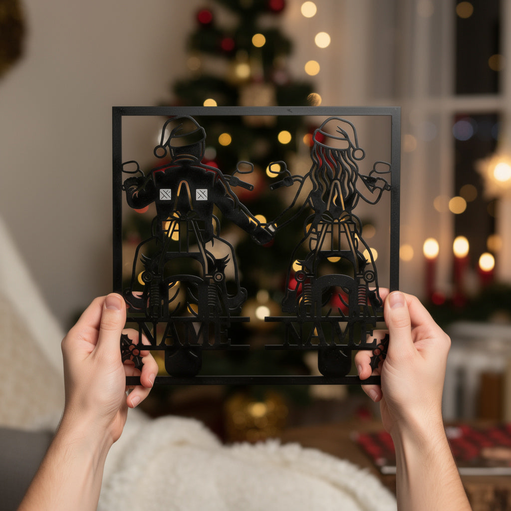 Personalized Christmas biker metal sign with name in black steel – image 2