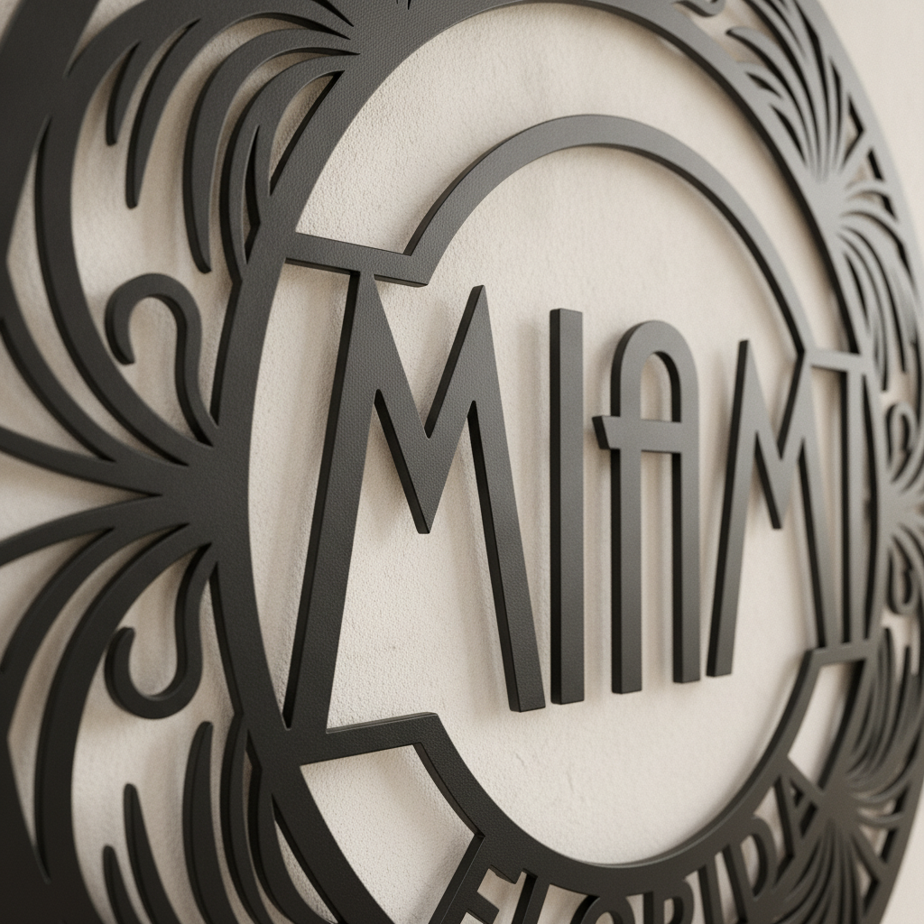 Round Miami metal sign with Art Deco buildings and palm trees in black steel – image 5