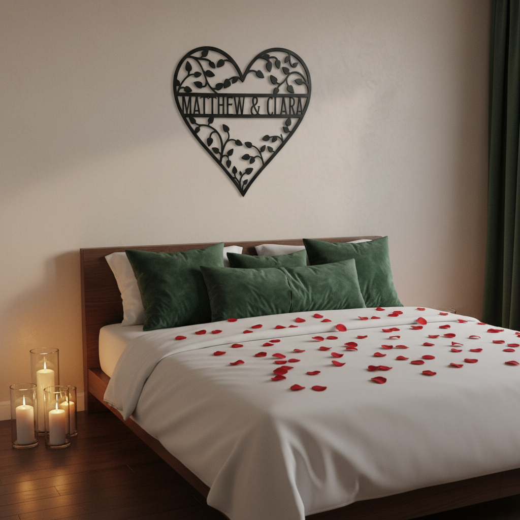 Personalized heart metal sign with leafy vines and couple names in black steel – image 8