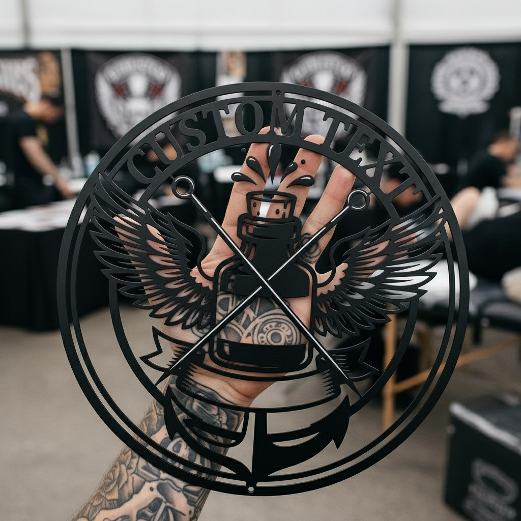 Personalisiertes rundes Tattoo Studio Schild mit Tintenflasche, Flügeln und Anker aus Stahl – Bild 9