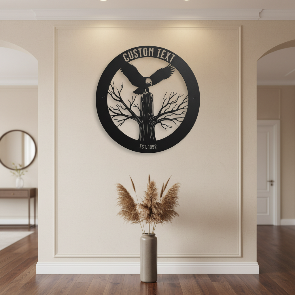 Personalisiertes rundes Familienschild mit Adler, Baum und Jahr aus schwarzem Stahl – Bild 4