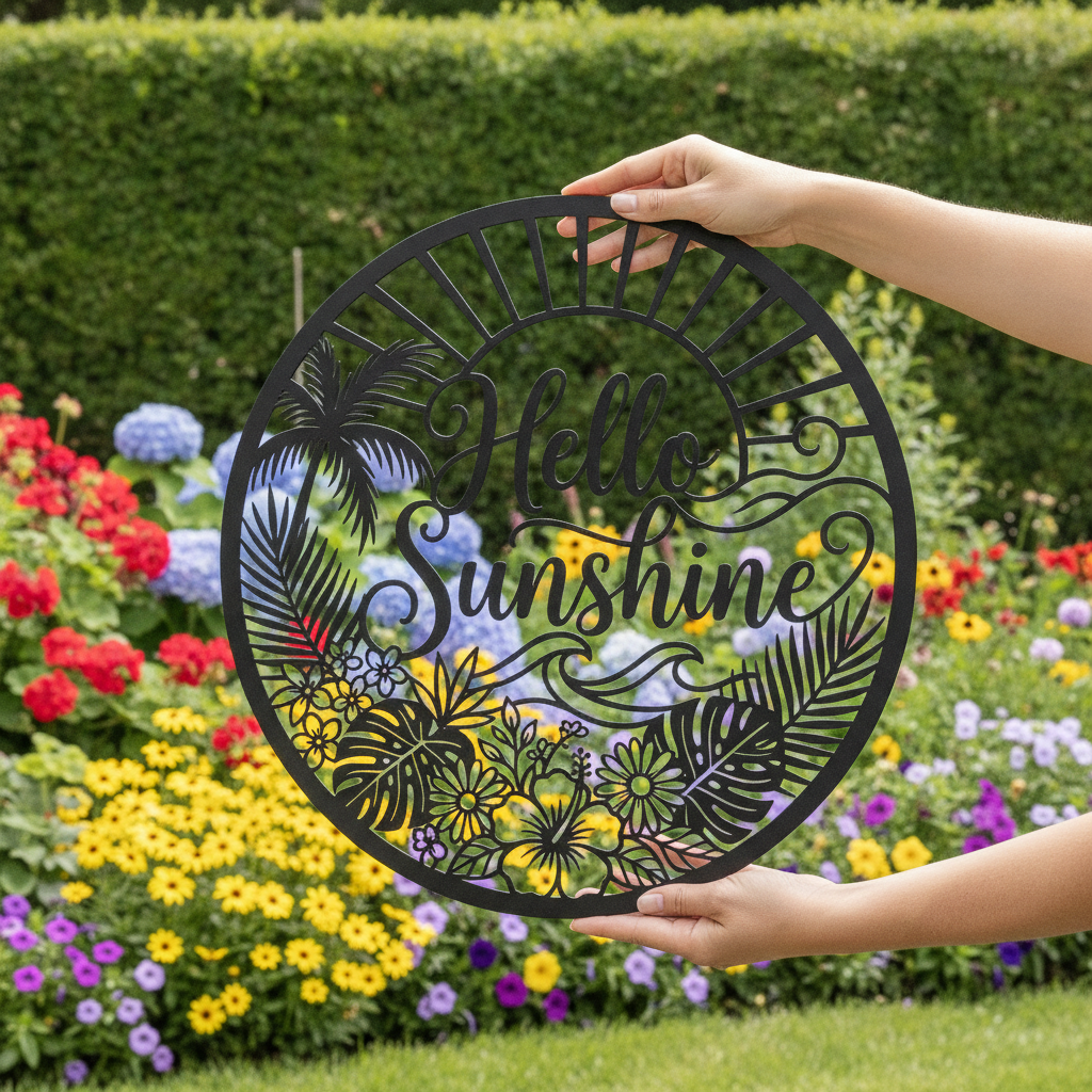 Rundes Metallschild Hello Sunshine mit Palmen, Sonne und Meer aus schwarzem Stahl – Bild 6