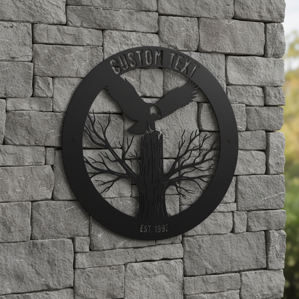 Personalisiertes rundes Familienschild mit Adler, Baum und Jahr aus schwarzem Stahl – Bild 8