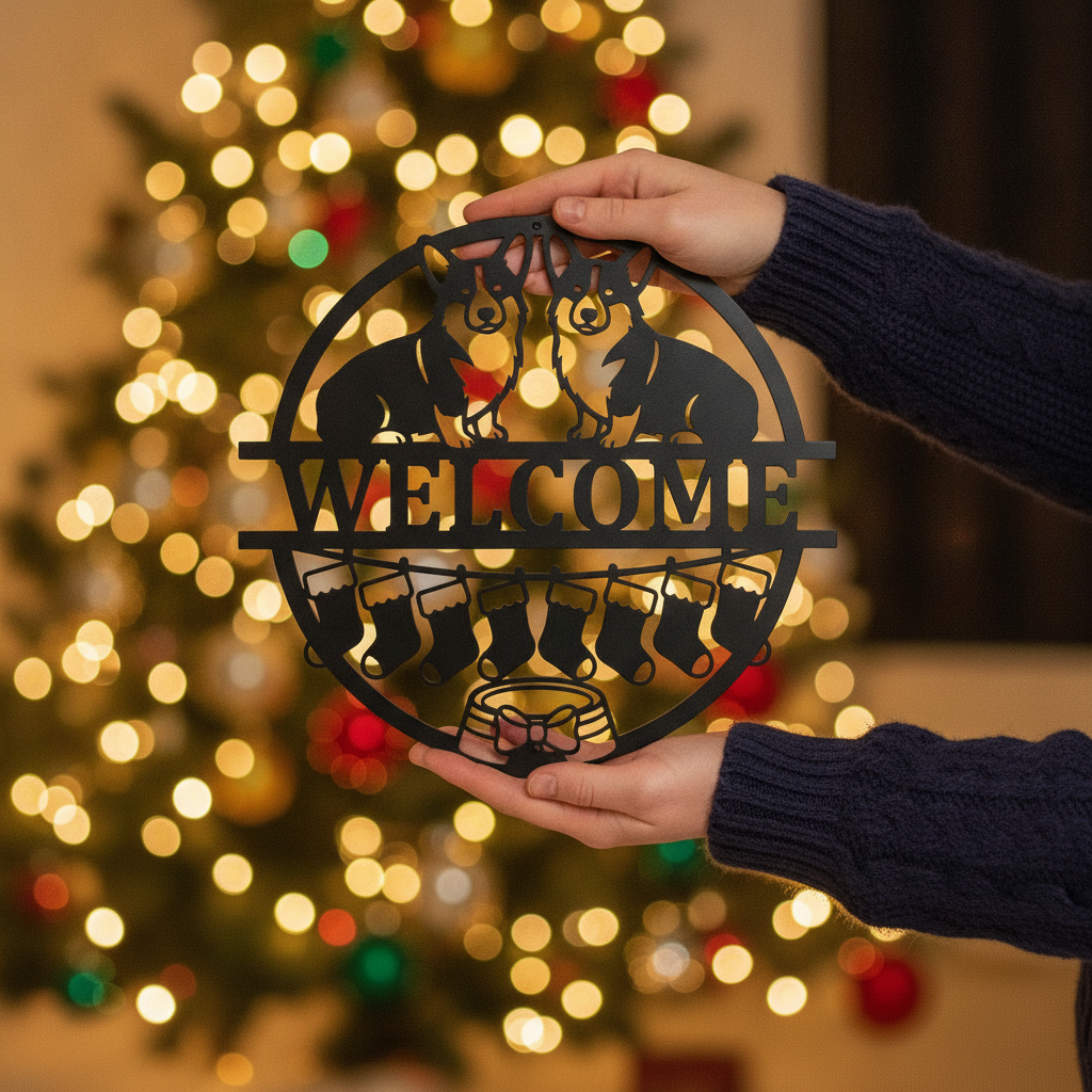 Round corgi Christmas welcome sign with stockings in black steel – image 6