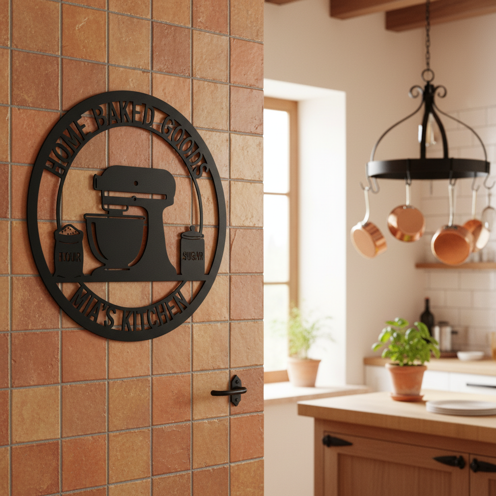 Personalisiertes rundes Küchenschild Home Baked mit Namen aus schwarzem Stahl – Bild 8
