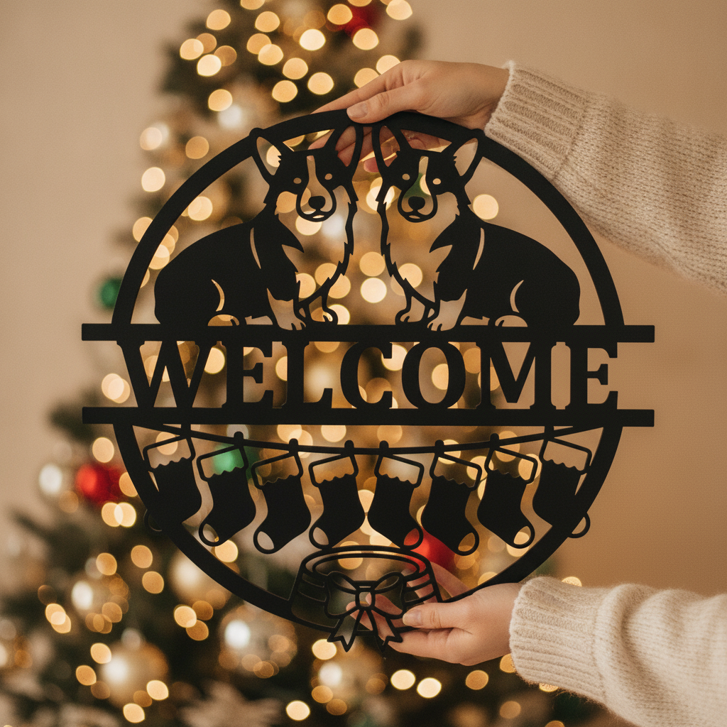 Round corgi Christmas welcome sign with stockings in black steel – image 2