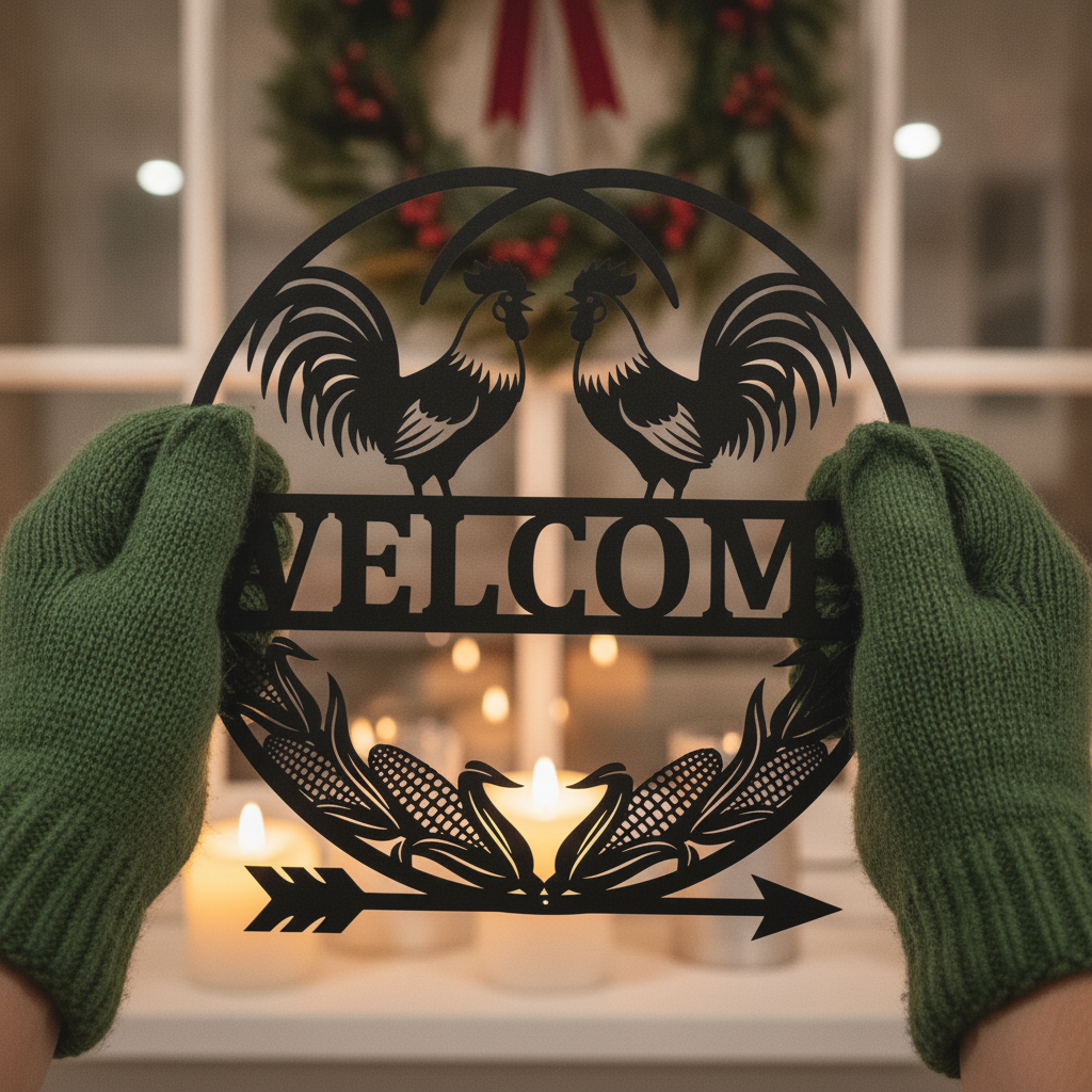 Round rooster welcome sign with corn cobs in black steel – image 7
