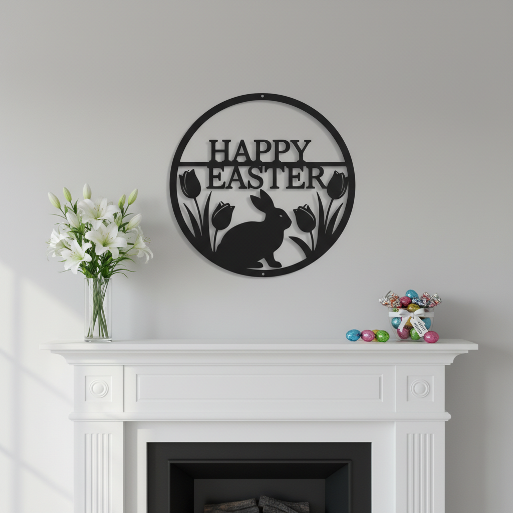Rundes Osterhase Metallschild mit Tulpen und Happy Easter aus schwarzem Stahl – Bild 5