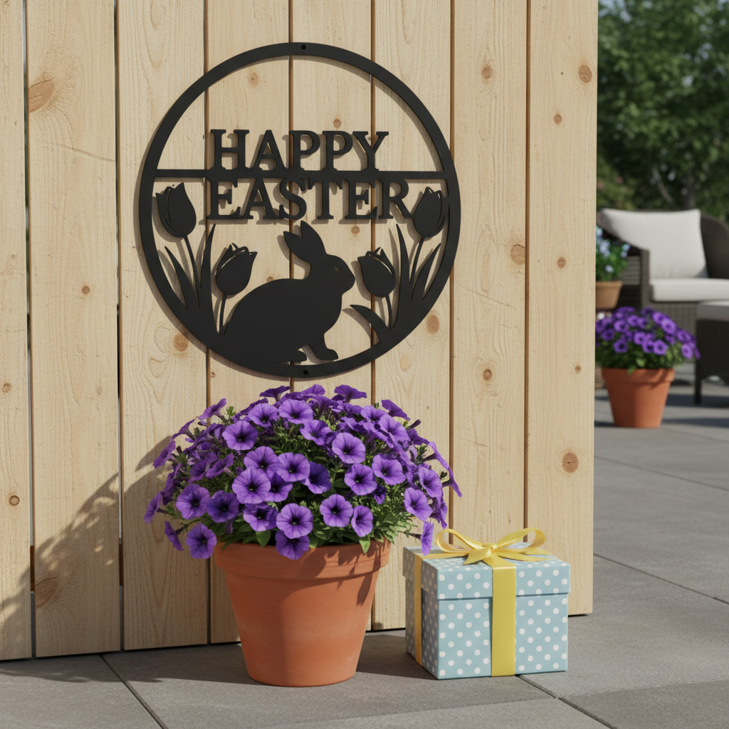 Rundes Osterhase Metallschild mit Tulpen und Happy Easter aus schwarzem Stahl – Bild 9