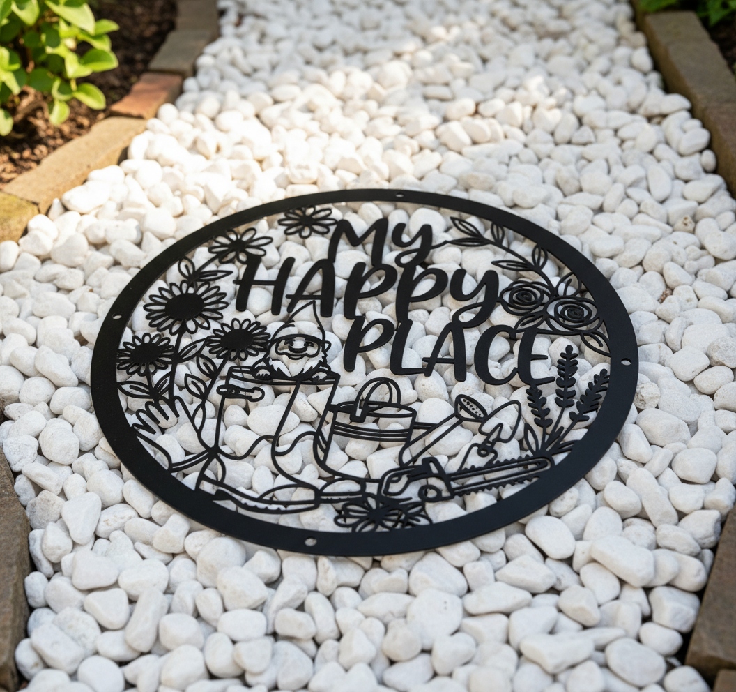 My Happy Place Gartenzwerg mit Blumen Metallschild rund – Bild 2