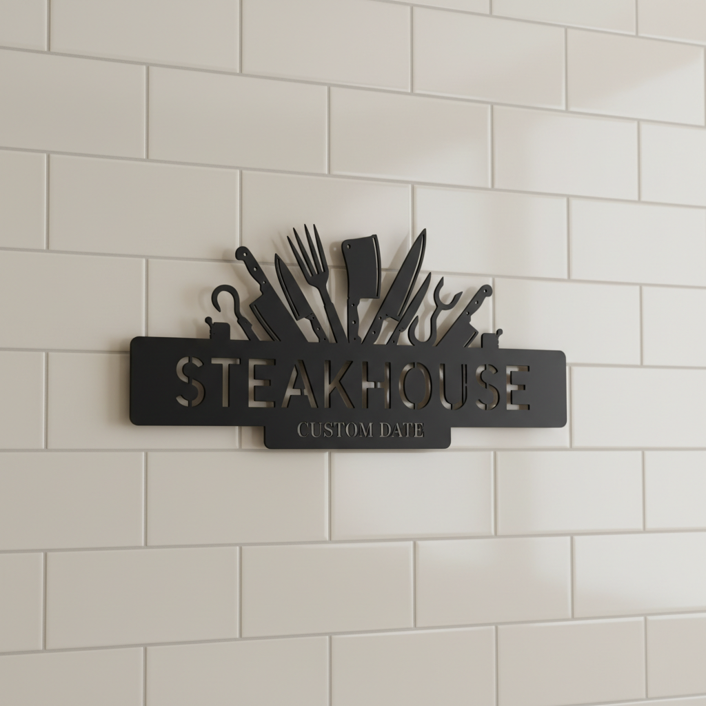 Personalisiertes Steakhouse BBQ Schild mit Messern und Hackbeil – Bild 1