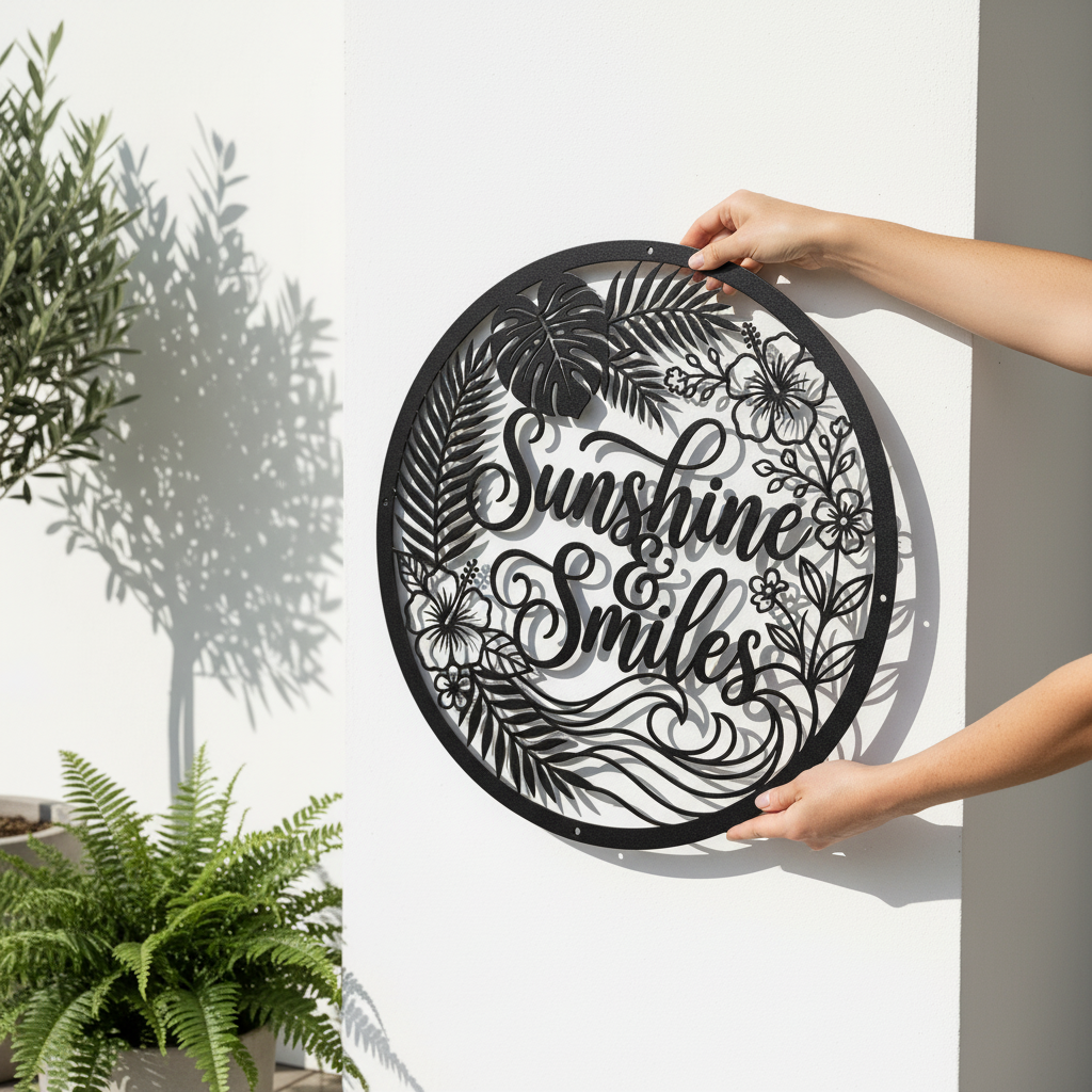 Personalisiertes Sommerschild Sunshine and Smiles mit Sonne und Palmen aus Stahl