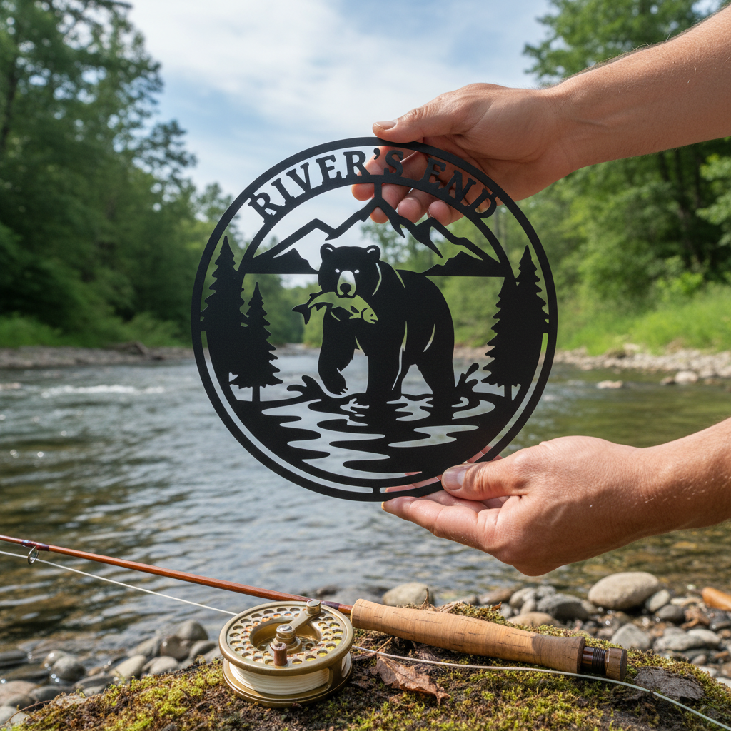 Personalized round grizzly bear metal sign with salmon, mountains and name in black steel – image 9