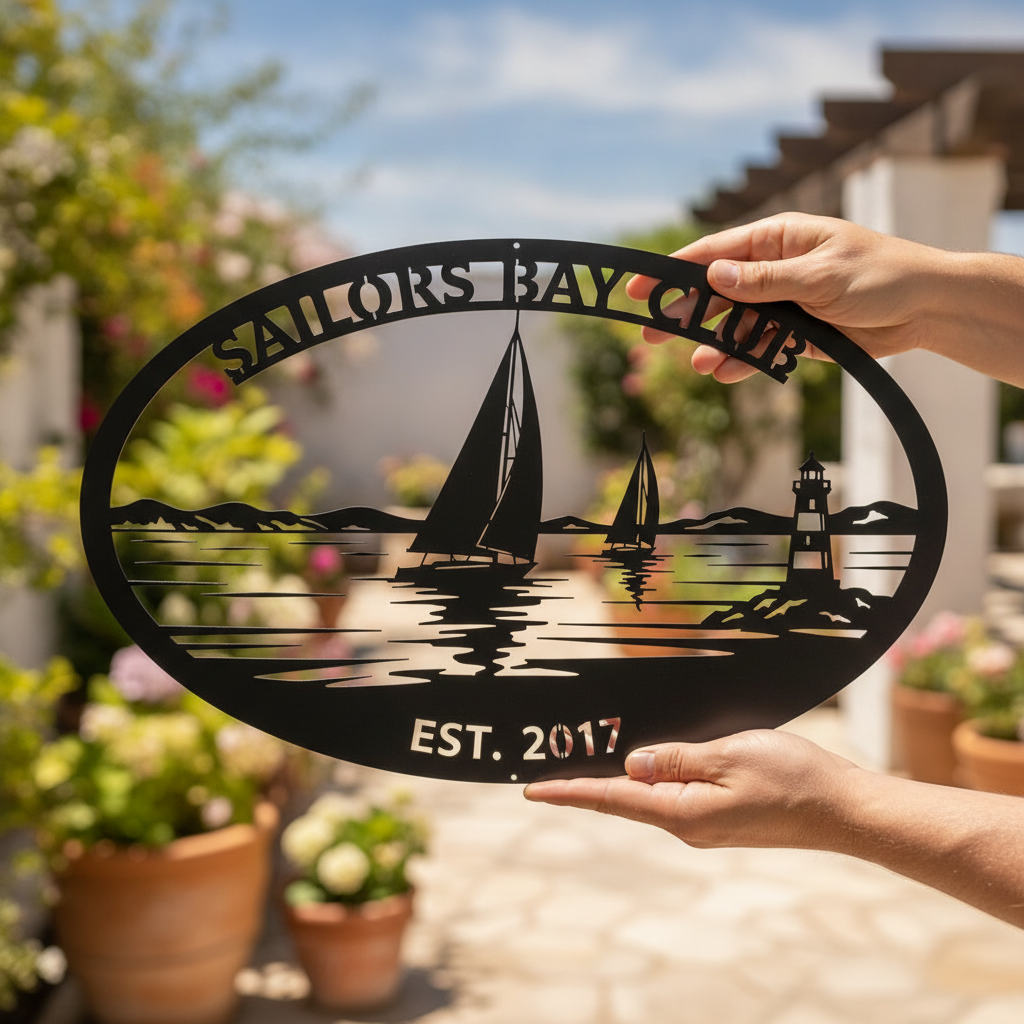 Personalized oval sailing club sign with sailboat and lighthouse in black steel – image 6