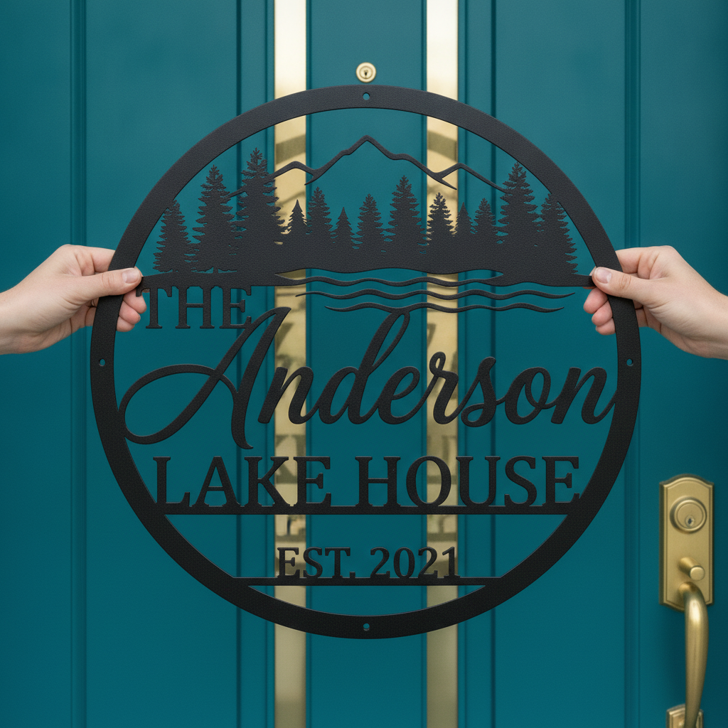 Personalized round lake house sign with mountains and pine trees in black steel – image 8