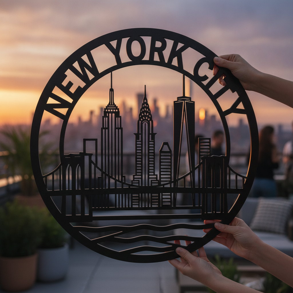 Round New York City skyline metal sign with Manhattan silhouette in black steel – image 8