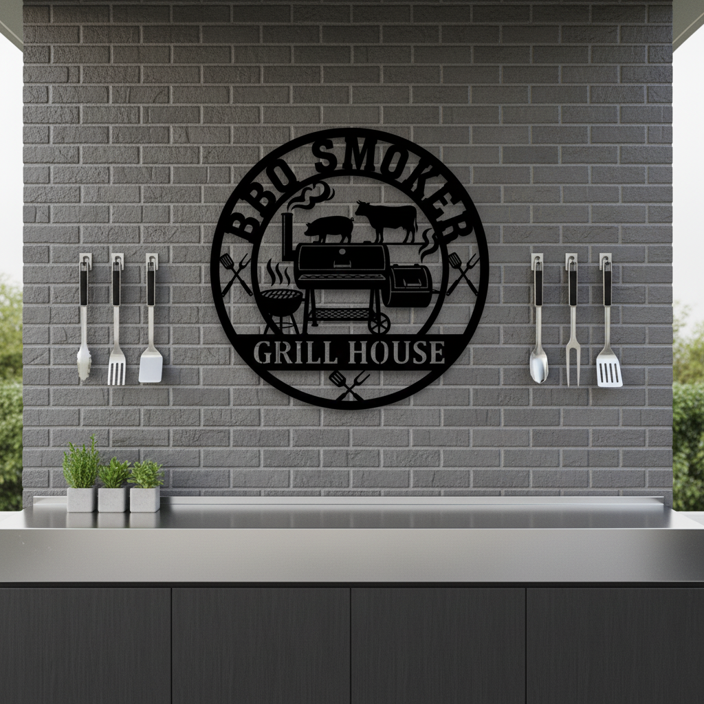 Personalized BBQ smoker metal sign with name in black steel – image 10