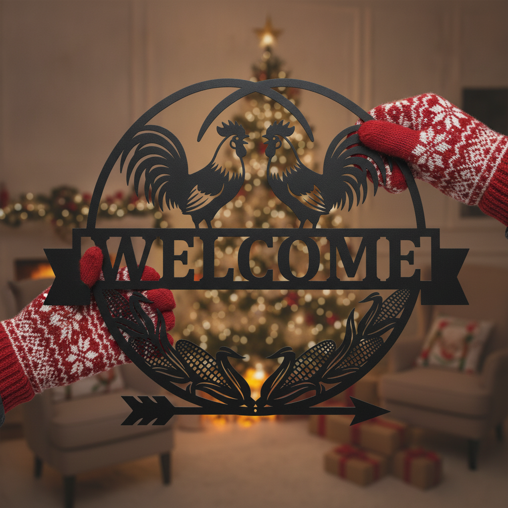 Round rooster welcome sign with corn cobs in black steel – image 3
