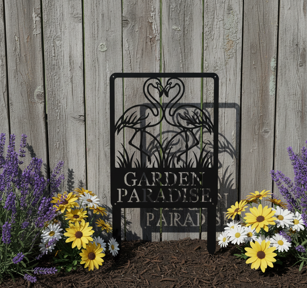 Personalized flamingo couple garden stake with name in black steel – image 8