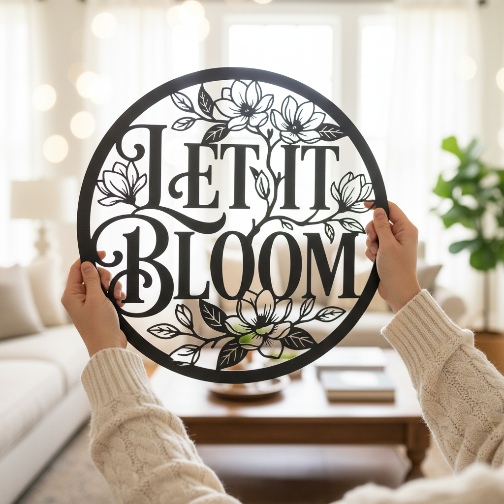Personalisiertes rundes Gartenschild Let it Bloom mit Blumenkranz und Namen – Bild 4