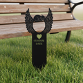 Personalized cat memorial garden stake with sleeping cat and angel wings in black steel