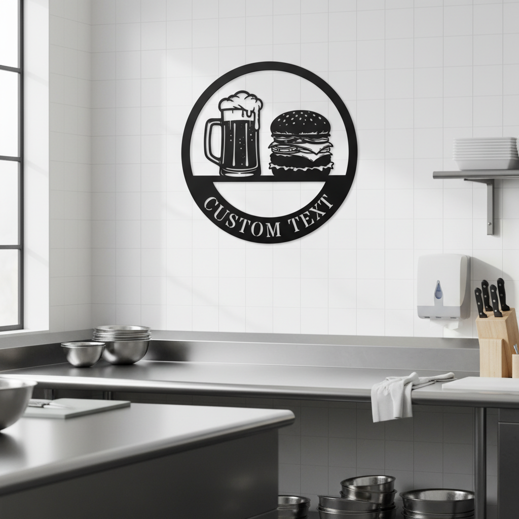 Round Burgers and Brews metal sign with beer mug and cheeseburger in black steel – image 7