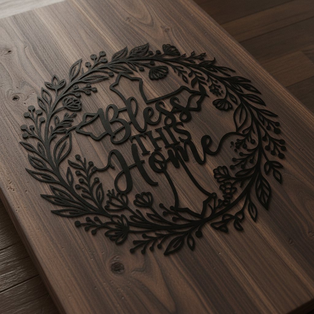 Rundes Haussegen-Metallschild „Bless this Home“ mit Kreuz und Blätterkranz aus schwarzem Stahl – Bild 6