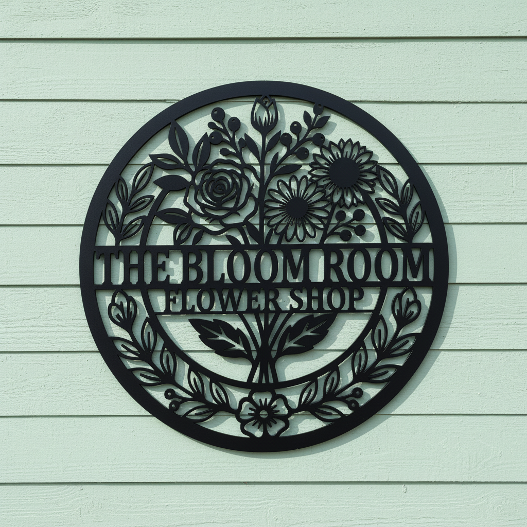 Personalized round flower shop metal sign with flowers and vines in black steel – image 2