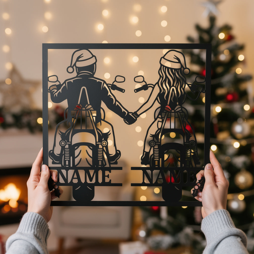 Personalized Christmas biker metal sign with name in black steel – image 4