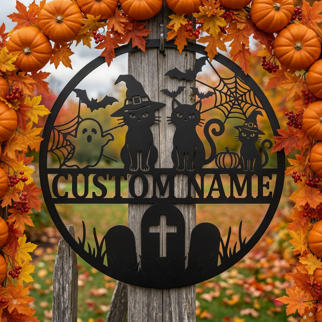 Personalisiertes Halloween Katzenschild mit Namen aus schwarzem Stahl – Bild 8