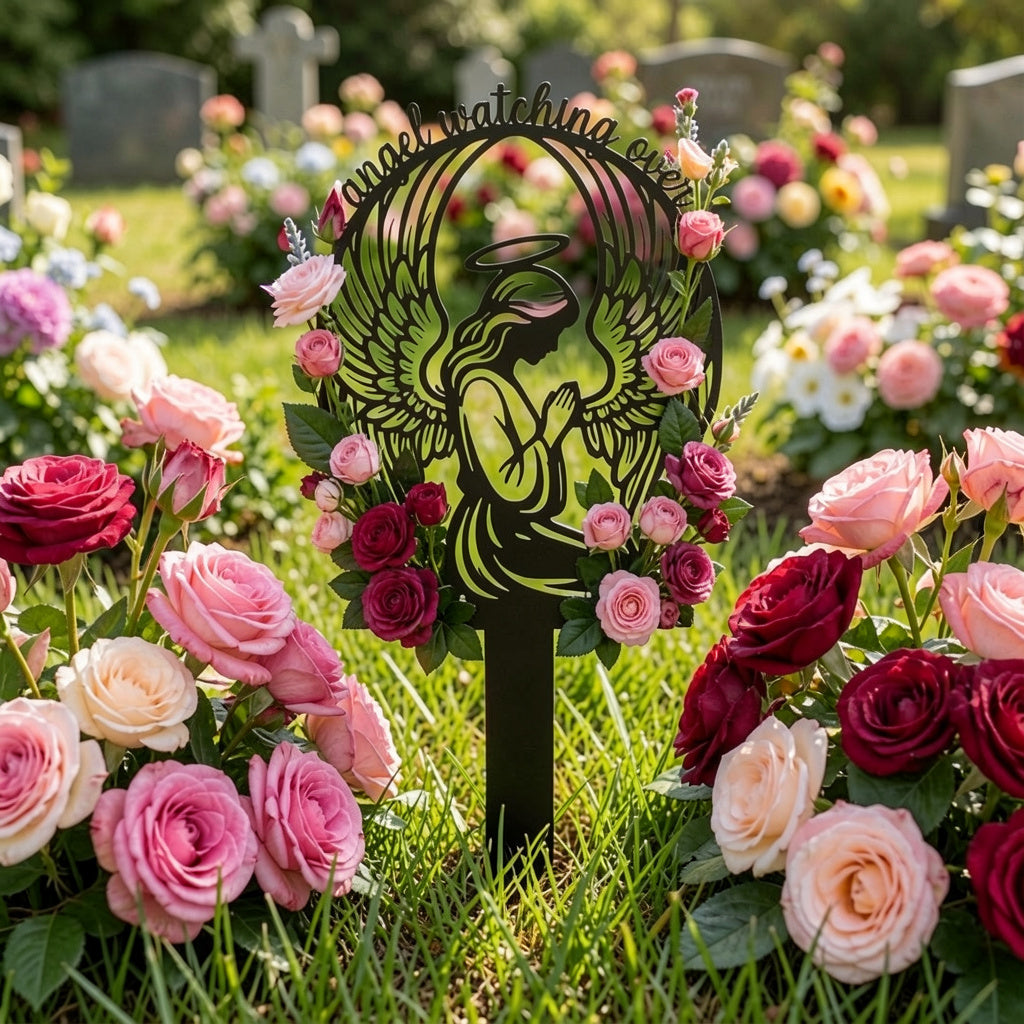 Guardian angel memorial stake with spread wings, An Angel Watching Over Us, black steel – image 4