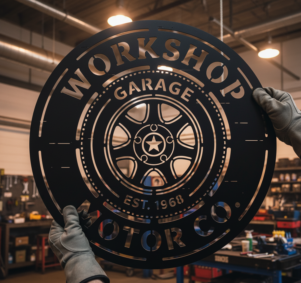 Personalized round Motor Co. garage sign with wheel rim in black steel – image 10