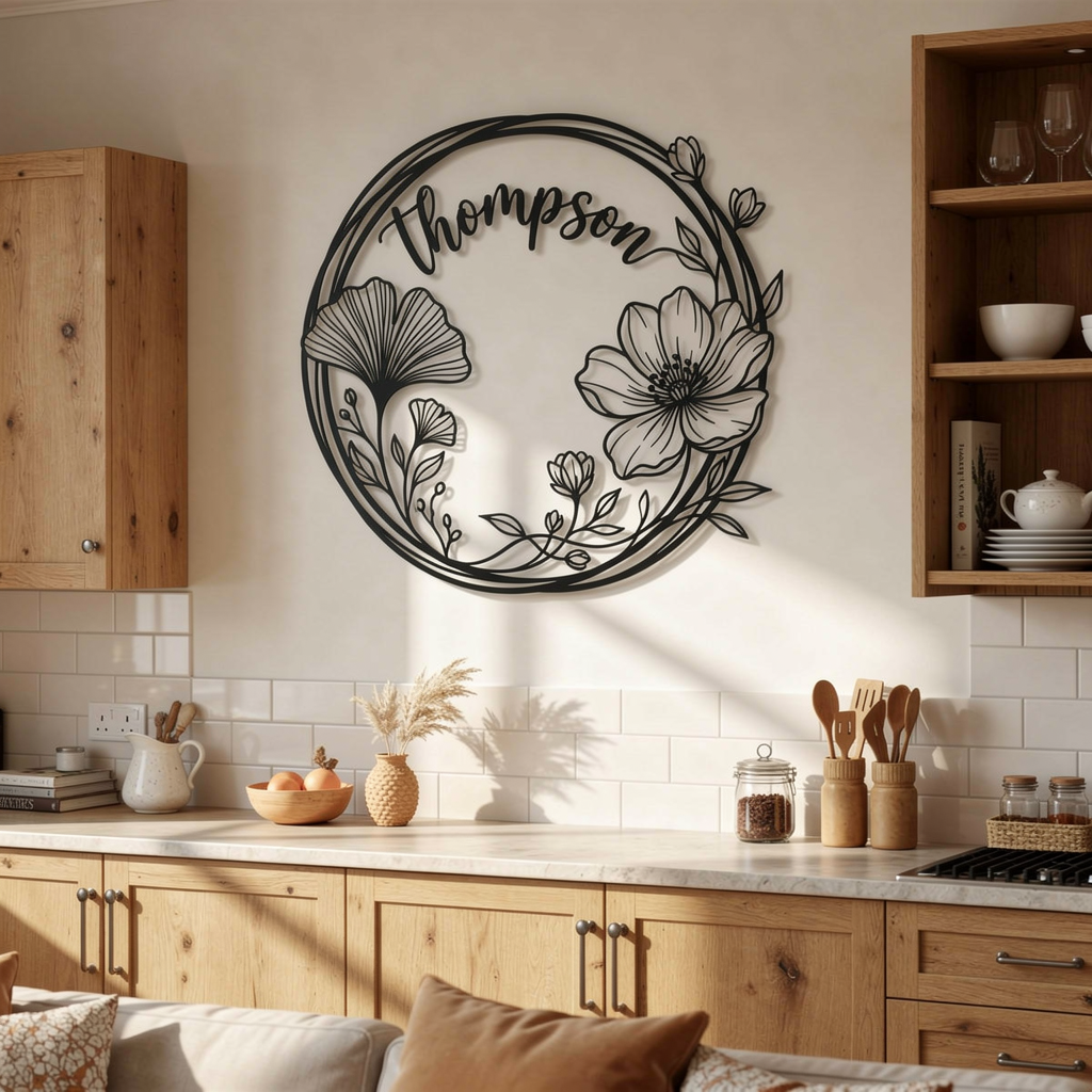 Personalisiertes rundes Familienschild mit Ginkgo- und Mohnblumenkranz aus schwarzem Stahl – Bild 7