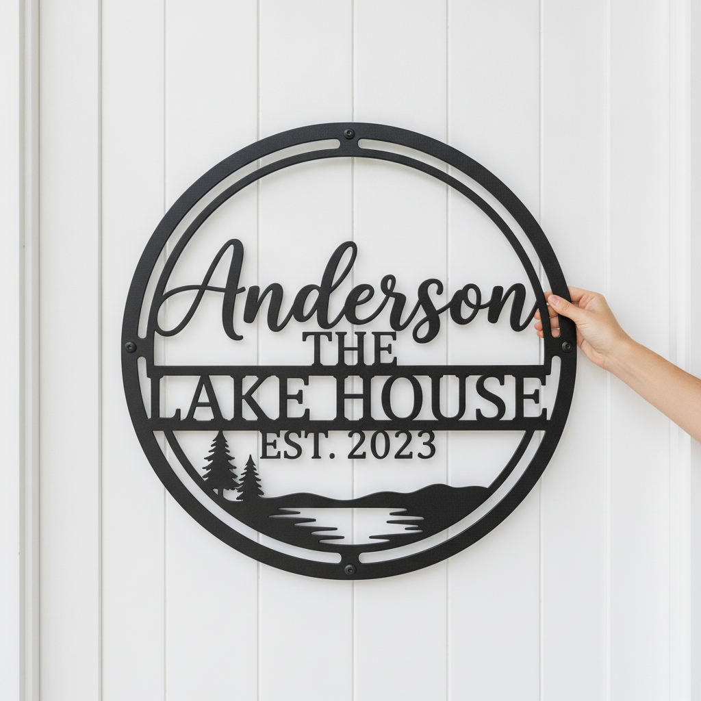 Personalisiertes rundes The Lake House Metallschild mit Familienname und Jahr aus schwarzem Stahl – Bild 2