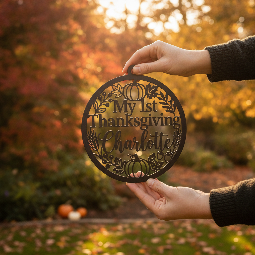 Personalized round My 1st Thanksgiving metal ornament with baby name and fall motifs – image 4