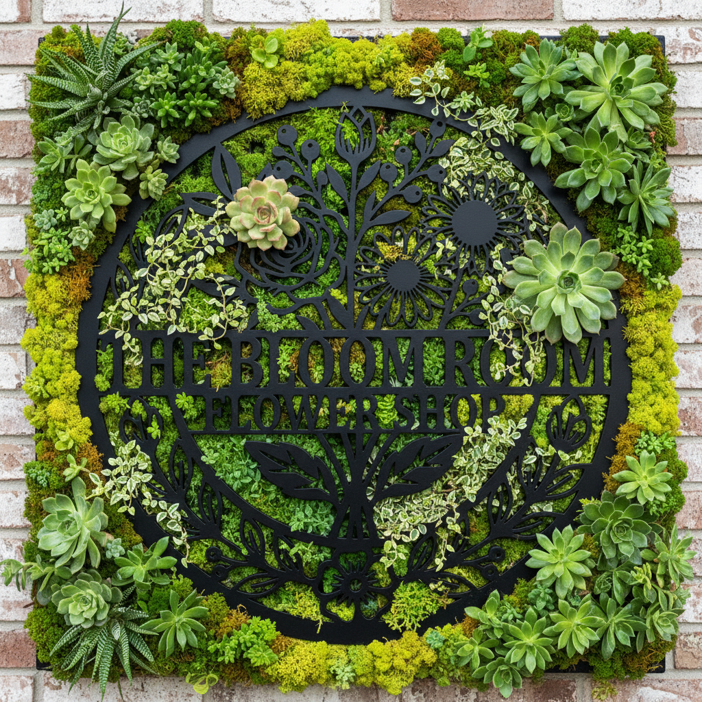 Personalized round flower shop metal sign with flowers and vines in black steel – image 4