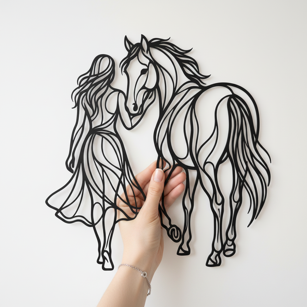 Frau mit Pferd als elegante Silhouette, Wanddeko aus schwarzem Stahl – Bild 3
