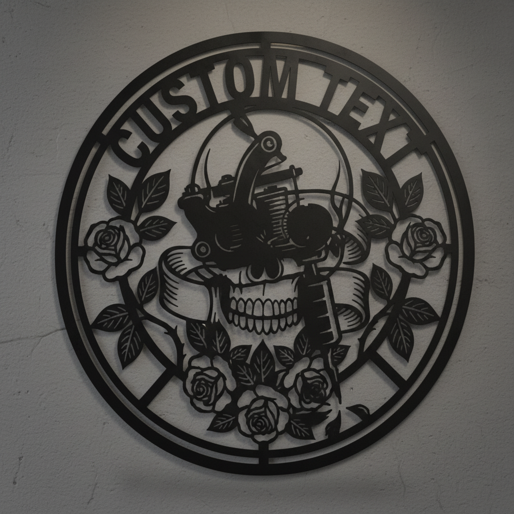 Personalisiertes rundes Tattoostudio Schild mit Totenkopf, Rose und Tattoomaschine – Bild 3